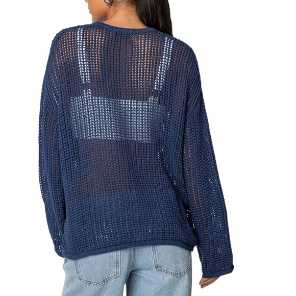 NEW EDIKTED STAR CROCHET KNIT BLUE SWEATER SHEER GRANOLA INDIE RESORT SMALL - Picture 3 of 7